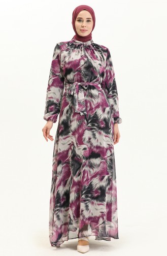 Printed Chiffon Dress 81821-02 Black Fuchsia 81821-02