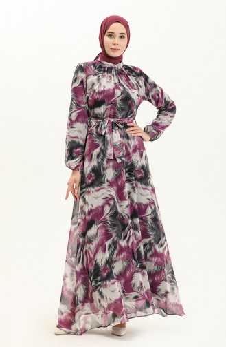 Printed Chiffon Dress 81821-02 Black Fuchsia 81821-02