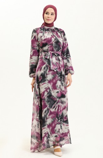 Printed Chiffon Dress 81821-02 Black Fuchsia 81821-02