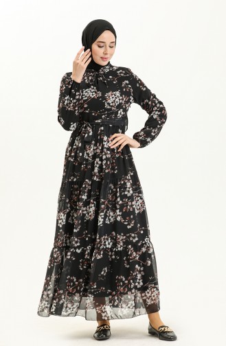 Floral Print Chiffon Dress 81823-01 Black 81823-01