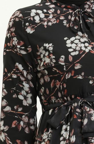 Çiçek Desenli Şifon Elbise 81823-01 Siyah