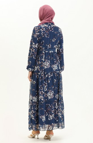 Floral Print Chiffon Dress 81823-06 Indigo 81823-06