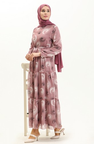 Robe en Mousseline à Ceinture et à Motifs 81835-01 Rose Pâle 81835-01