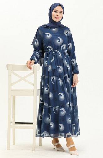 Printed Belted Chiffon Dress 81835-02 Navy Blue 81835-02