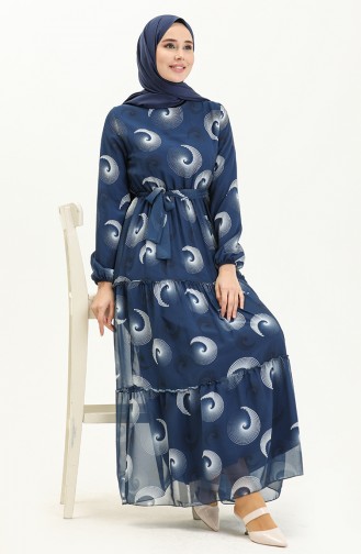 Printed Belted Chiffon Dress 81835-02 Navy Blue 81835-02