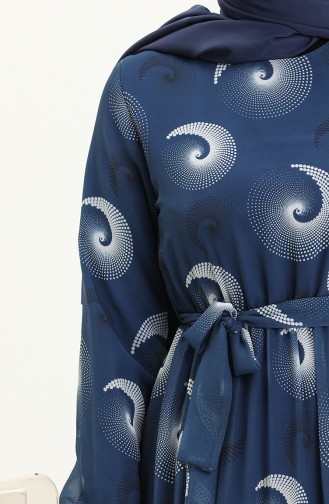 Printed Belted Chiffon Dress 81835-02 Navy Blue 81835-02