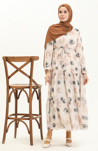 Printed Belted Chiffon Dress 81835-04 Cream 81835-04