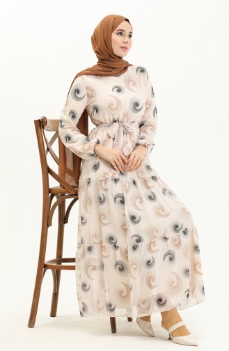 Printed Belted Chiffon Dress 81835-04 Cream 81835-04