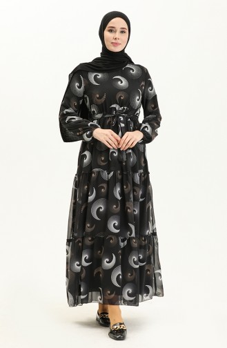 Desenli Kuşaklı Şifon Elbise 81835-05 Siyah