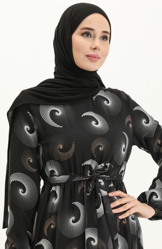 Robe en Mousseline à Ceinture et à Motifs 81835-05 Noir 81835-05