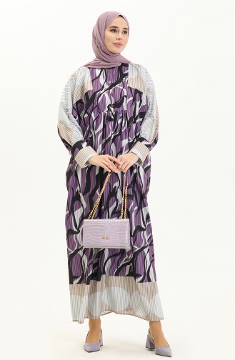 Dijital Baskılı Oversize Elbise 24Y8897-04 Mor Beyaz
