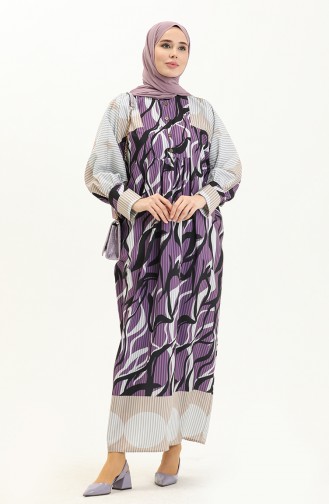 Dijital Baskılı Oversize Elbise 24Y8897-04 Mor Beyaz