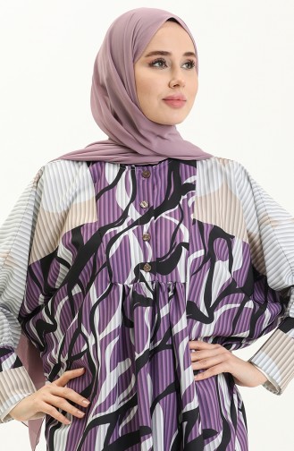 Dijital Baskılı Oversize Elbise 24Y8897-04 Mor Beyaz