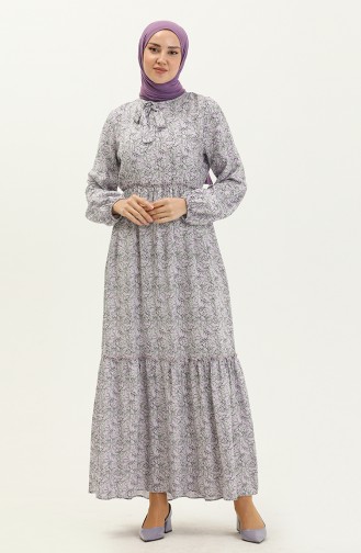 Çiçek Desenli Kuşaklı Viskon Elbise 60285-02 Lila