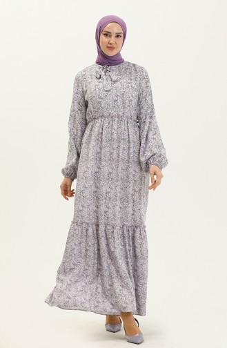 Çiçek Desenli Kuşaklı Viskon Elbise 60285-02 Lila