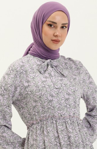 Çiçek Desenli Kuşaklı Viskon Elbise 60285-02 Lila