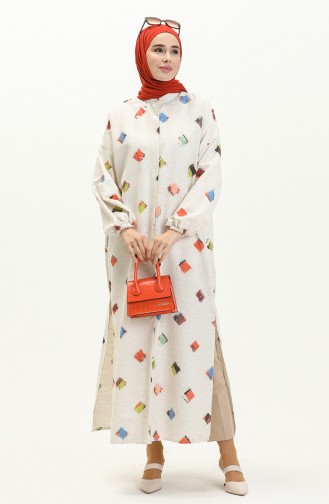 Printed Summer Abaya 24Y8940-04 Ecru Brick Red 24Y8940-04