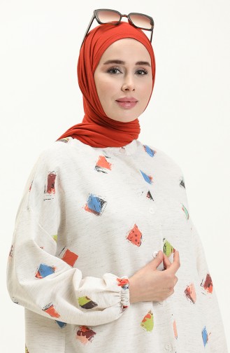 Printed Summer Abaya 24Y8940-04 Ecru Brick Red 24Y8940-04