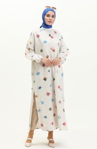Gemusterte Sommer Abaya 24Y8940-01 Ecru Rosa 24Y8940-01