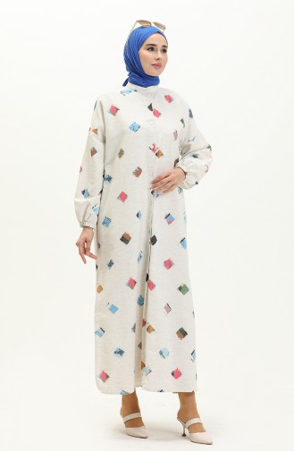 Gemusterte Sommer Abaya 24Y8940-01 Ecru Rosa 24Y8940-01