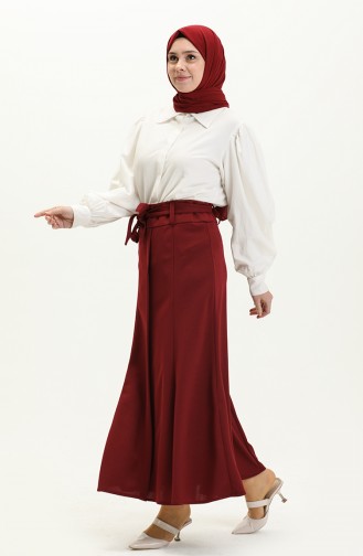 Gürteldetaillierter Hijab-Rock 15M01-02 Weinrot 15M01-02