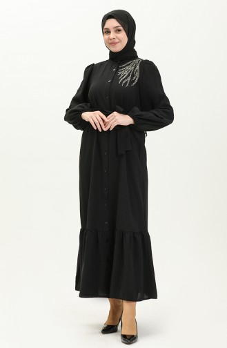 Önü Taş Detaylı Boydan Düğmeli Elbise Siyah