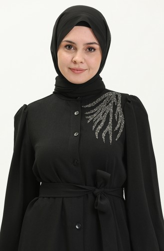 Önü Taş Detaylı Boydan Düğmeli Elbise Siyah