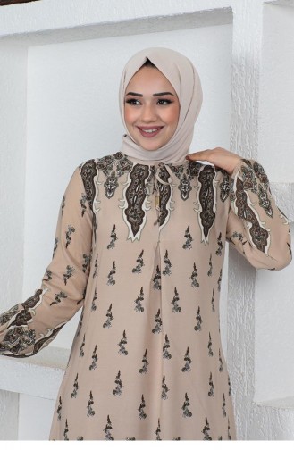 Etnik Desenli Tesettür Elbise Bej
