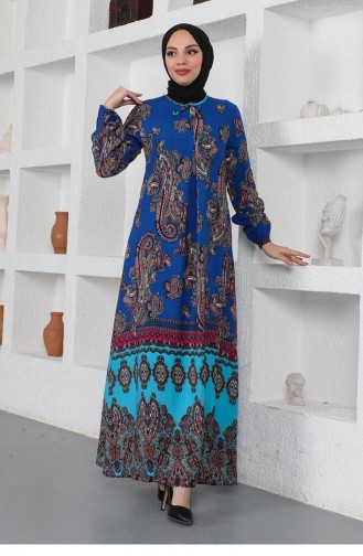 Etnik Desenli Model Tesettür Elbise Mavi