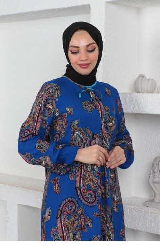 Etnik Desenli Model Tesettür Elbise Mavi