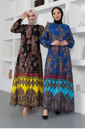 Etnik Desenli Model Tesettür Elbise Mavi
