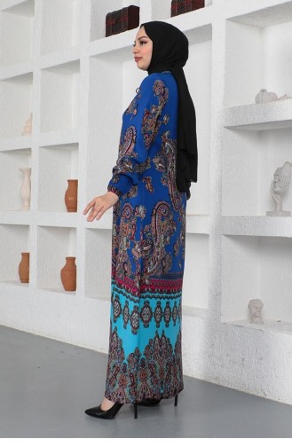 Etnik Desenli Model Tesettür Elbise Mavi