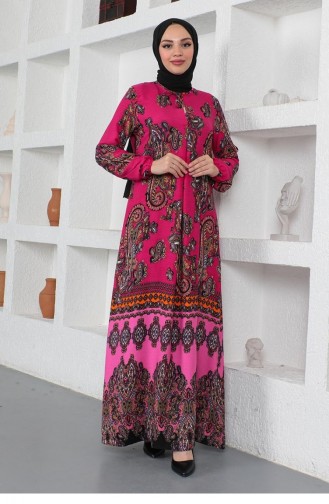 Etnik Desenli Model Tesettür Elbise Pembe