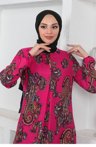 Etnik Desenli Model Tesettür Elbise Pembe
