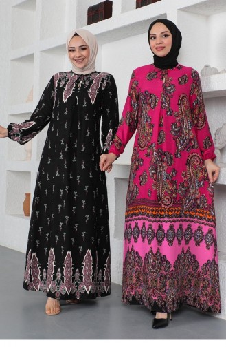 Etnik Desenli Model Tesettür Elbise Pembe