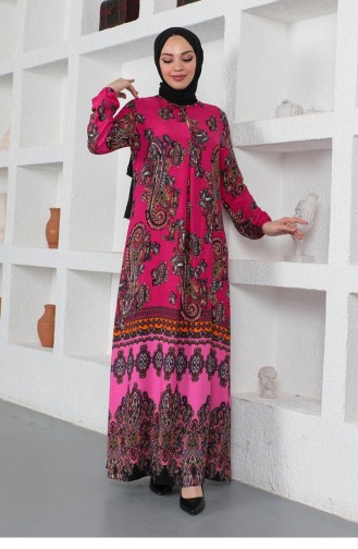 Etnik Desenli Model Tesettür Elbise Pembe