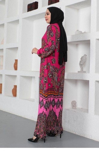 Etnik Desenli Model Tesettür Elbise Pembe