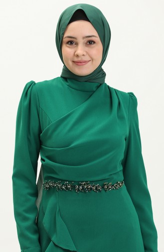 Eteği Volanlı Beli Taşlı Elbise Zümrüt Yeşili