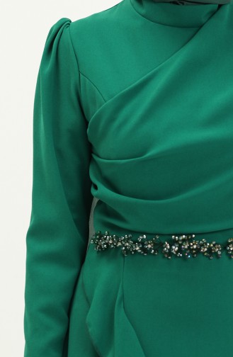 Eteği Volanlı Beli Taşlı Elbise Zümrüt Yeşili