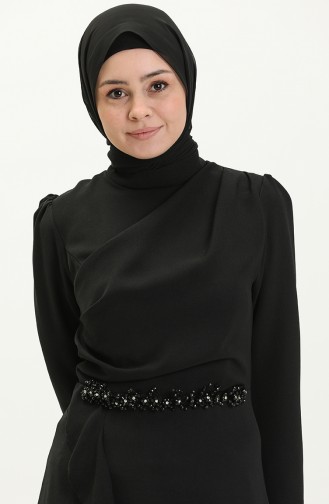 Eteği Volanlı Beli Taşlı Elbise Siyah