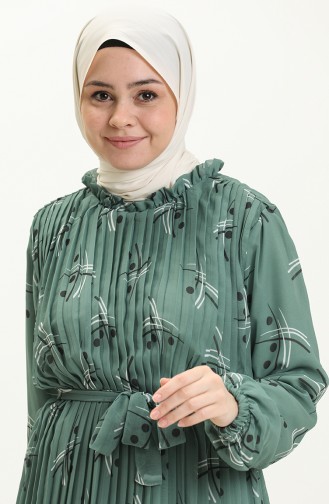 Piliseli Şifon Elbise 4098A-04 Koyu Yeşil