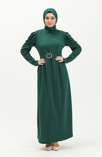 Robe Hijab Plissée à Ceinture 11M05-01 Vert Emeraude 11M05-01