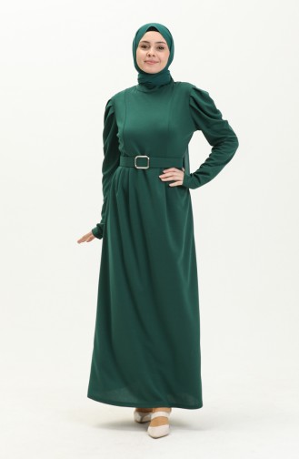 Pileli Kemerli Tesettür Elbise 11M05-04 Zümrüt Yeşili