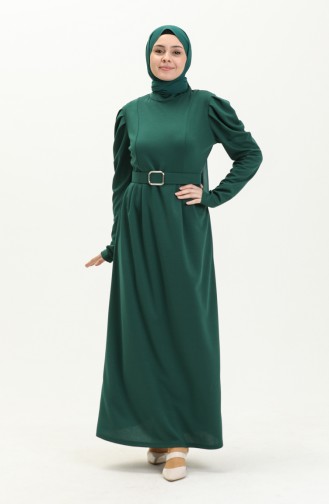 Robe Hijab Plissée à Ceinture 11M05-01 Vert Emeraude 11M05-01