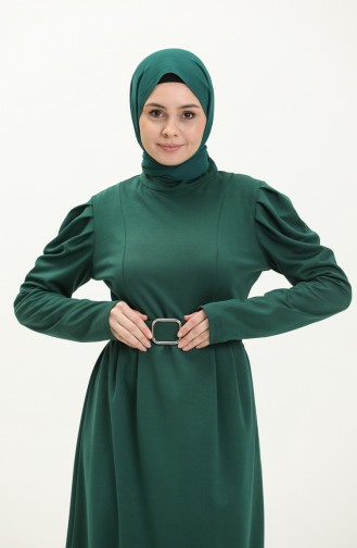 Robe Hijab Plissée à Ceinture 11M05-01 Vert Emeraude 11M05-01