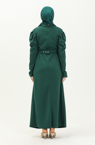 Pileli Kemerli Tesettür Elbise 11M05-04 Zümrüt Yeşili