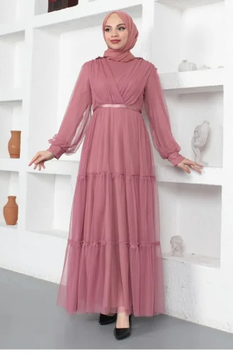 Dantel Detaylı Tül Abiye Pembe 19110