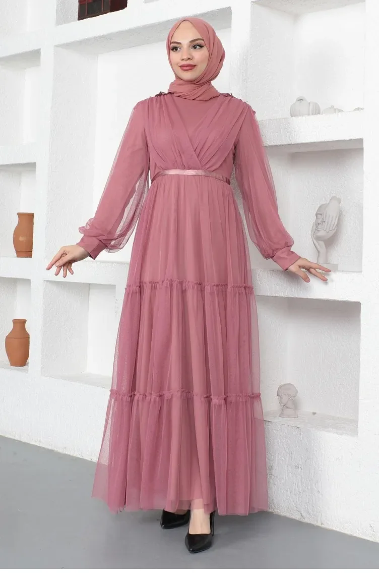 Dantel Detaylı Tül Abiye Pembe 19110