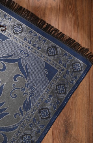 Tapis de Prière en Taffetas à Motifs avec Cadeau de Chapelet 0162-02 Bleu Roi Argent 0162-02