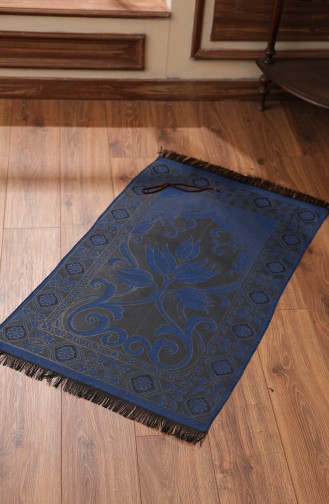 Tapis de Prière en Taffetas à Motifs Chapelet Offert 0162-03 Bleu Roi Noir 0162-03